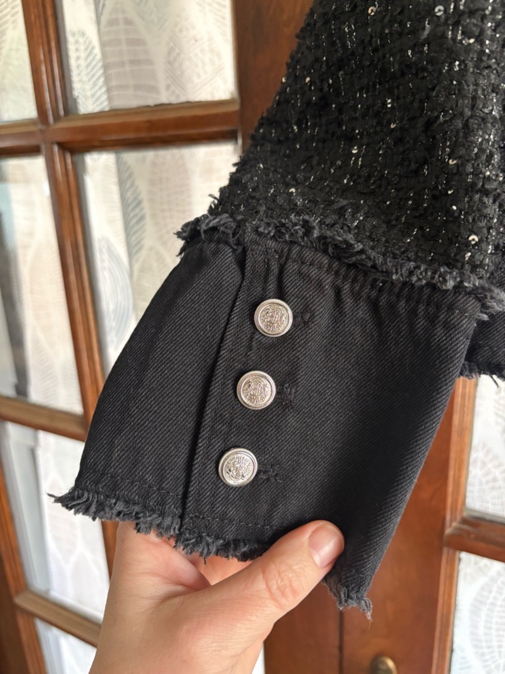 Nanette Lepore Black Frayed Sequined Boucle Tweed Blazer with Denim Trim - Picture 4 of 8